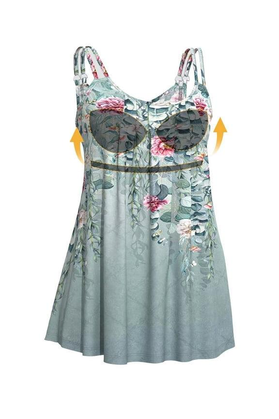 Plus Size Cami with Built in Bra Casual Dusty Blue Floral Print Tank Top for Women Comfy Loose Fit