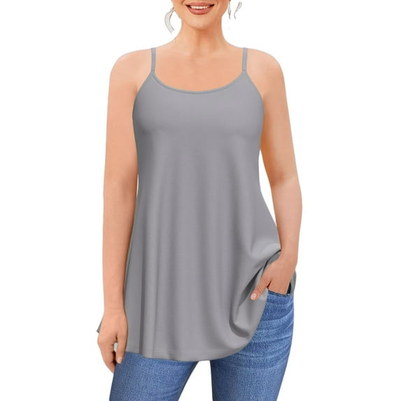 FLYCURVY Plus Size Cami with Built in Bra Women Tank Top Casual Solid Color Adjustable Shoulder Strap