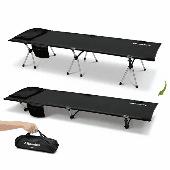 Flyernature 2-in-1 Ultra-Light Portable Camping Cot for Adults Folding Backpacking Cot with Leg Extenders, 300 LBS One Person Sleeping Cot, Black