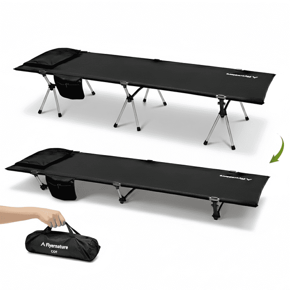 Flyernature 2-in-1 Ultra-Light Portable Camping Cot for Adults Folding Backpacking Cot with Leg Extenders, 300 LBS One Person Sleeping Cot, Black