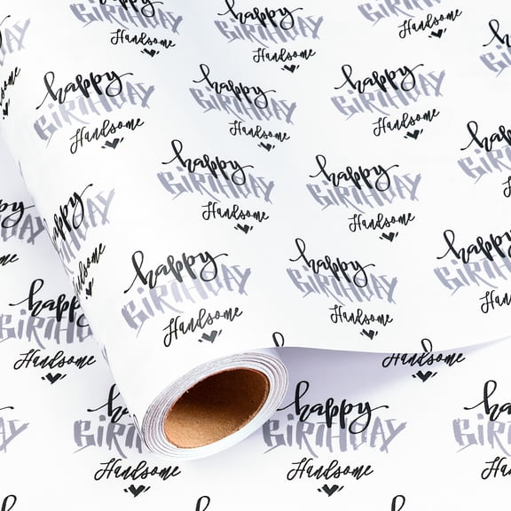 FLYHILL Birthday Wrapping Paper Roll - Mini Roll - 17 Inch x 16.5 Feet, Happy Birthday Handsome Gift Wrap with Grid Cutting Lines for Best Friend, Boyfriend, Husband Birthday