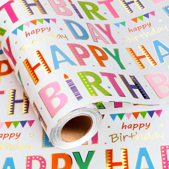 FLYHILL Birthday Wrapping Paper Roll - Mini Roll - 17 IN x 32.8 FT - Colorful HAPPY BIRTHDAY Letters with Metallic Shine, Gift Wrapping Paper with Grid Cutting Lines for Birthday, Baby Shower