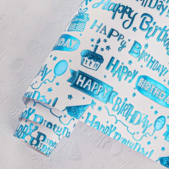 FLYHILL Blue Birthday Wrapping Paper Roll - 3D Embossed Blue Foil Metallic Shine Gift Wrap Paper for Boy Birthday, Baby Shower, Party - Mini Roll - 17 Inch x 33 Feet