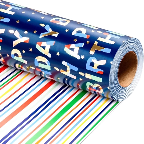 FLYHILL Blue Birthday Wrapping Paper Roll - Mini Roll - 17 IN x 32.8 FT - HAPPY BIRTHDAY Letters with Metallic Shine & Colorful Stripes Reversible Gift Wrap for Boys Birthday, Baby Shower