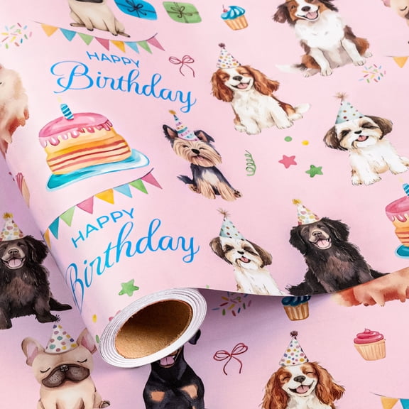 FLYHILL Dog Birthday Wrapping Paper Roll - Mini Roll - 17 Inch x 16.5 Feet, Pink Birthday Puppy Dog Gift Wrap with Grid Cutting Lines for Girls Birthday, Baby Shower, Party