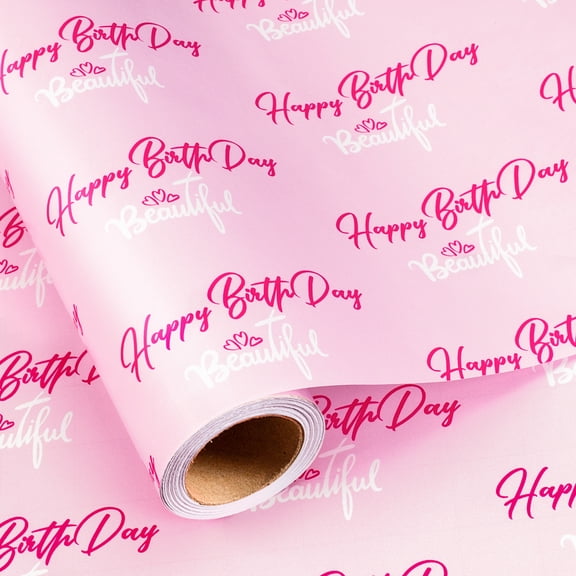 FLYHILL Pink Birthday Wrapping Paper Roll - Mini Roll - 17 Inch x 16.5 Feet, Happy Birthday Beautiful Gift Wrap with Grid Cutting Lines for Best Friend, Girlfriend, Wife Birthday