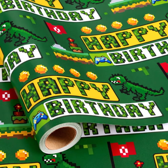 FLYHILL Pixel birthday Wrapping Paper Roll - Mini Roll - 17 Inch x 16.5 Feet, Green Dinosaur Game Gift Wrap with Grid Cutting Lines for Boys Birthday, Baby Shower, Party
