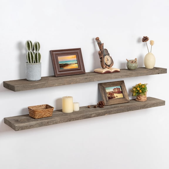 FLYJOE Floating Shelves, 8 Inch Deep Rustic Solid Reclaimed Wood Wall Shelves for Storage, Wall Mounted Display Shelving with Invisible Heavy-Duty Metal Bracket, 24 Inch Width Set of 2, Cement Grey