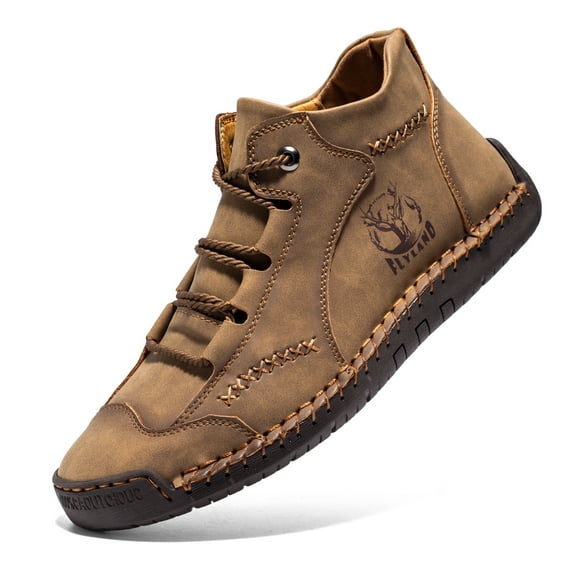 FLYLAND Hand-Stitching Leather Men Shoes Casual Vintage Chukka Ankle Boots Patent Retro Men's Botas Shoes Slip On Fashion Hombres Flats Moccasins