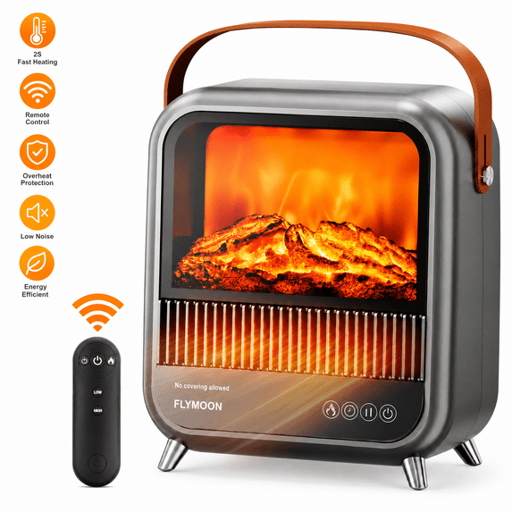 FLYMOON 11.8 in Electric Fireplace Heater, 1200W Portable Space Heater with 3D Flame, Remote Control for Indoor Bedroom Office RV Use