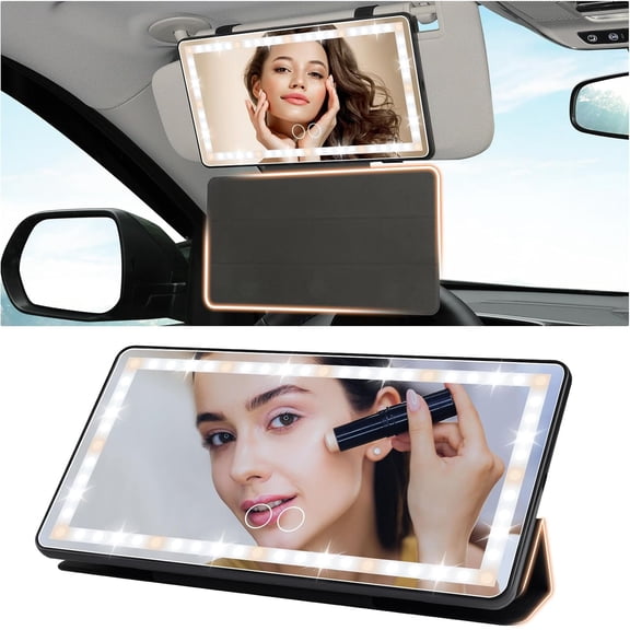 FLYMOTOR Car Visor Makeup Mirror with Protective Cover,Rechargeable Car Sun Visor Vanity Mirror Accessories with 3 Light Modes Touch Control for Cars, SUVs, Trucks(1PCS-Black)