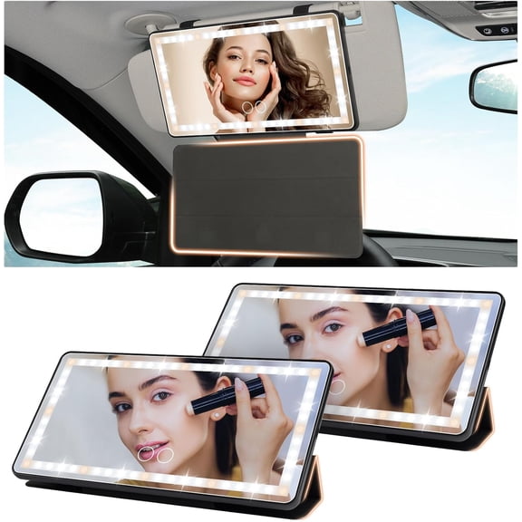 FLYMOTOR Car Visor Makeup Mirror with Protective Cover,Rechargeable Car Sun Visor Vanity Mirror Accessories with 3 Light Modes Touch Control for Cars, SUVs, Trucks(2PCS-Black)