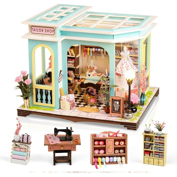 FLYNOVA DIY Miniature House Kit,Tailor Shop Dollhouse with Furniture & LED,Adults Teens Mini House Building Kit,3D Wooden Crafts Tiny House Model,Xmas Birthday Gifts Home Table Decor,Friends Present