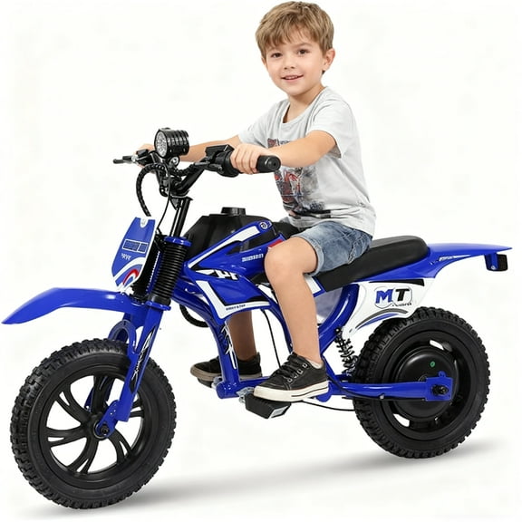 FLYPKIN MT750 Dirt Ride on Motorcycle- Blue with Decals,300W Motor up to 10 mph Speed, 2600mAh Battery Electric Dirt Bike for Child 3-10 Yeas