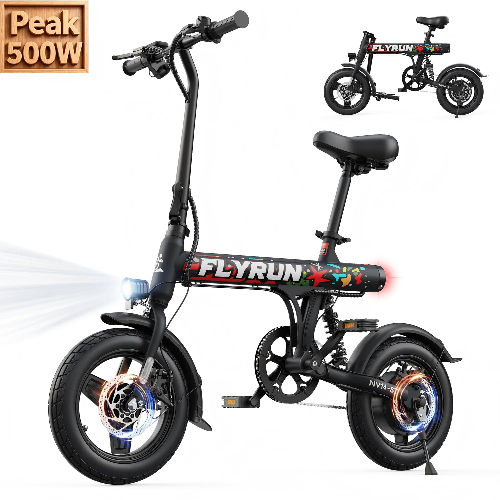 FLYRUN Folding Electric Bike, 14" Ebike for Adults, 500W Peak Motor, 36V 280.8Wh Battery, 25 miles Range,LCD Display,UL2849
