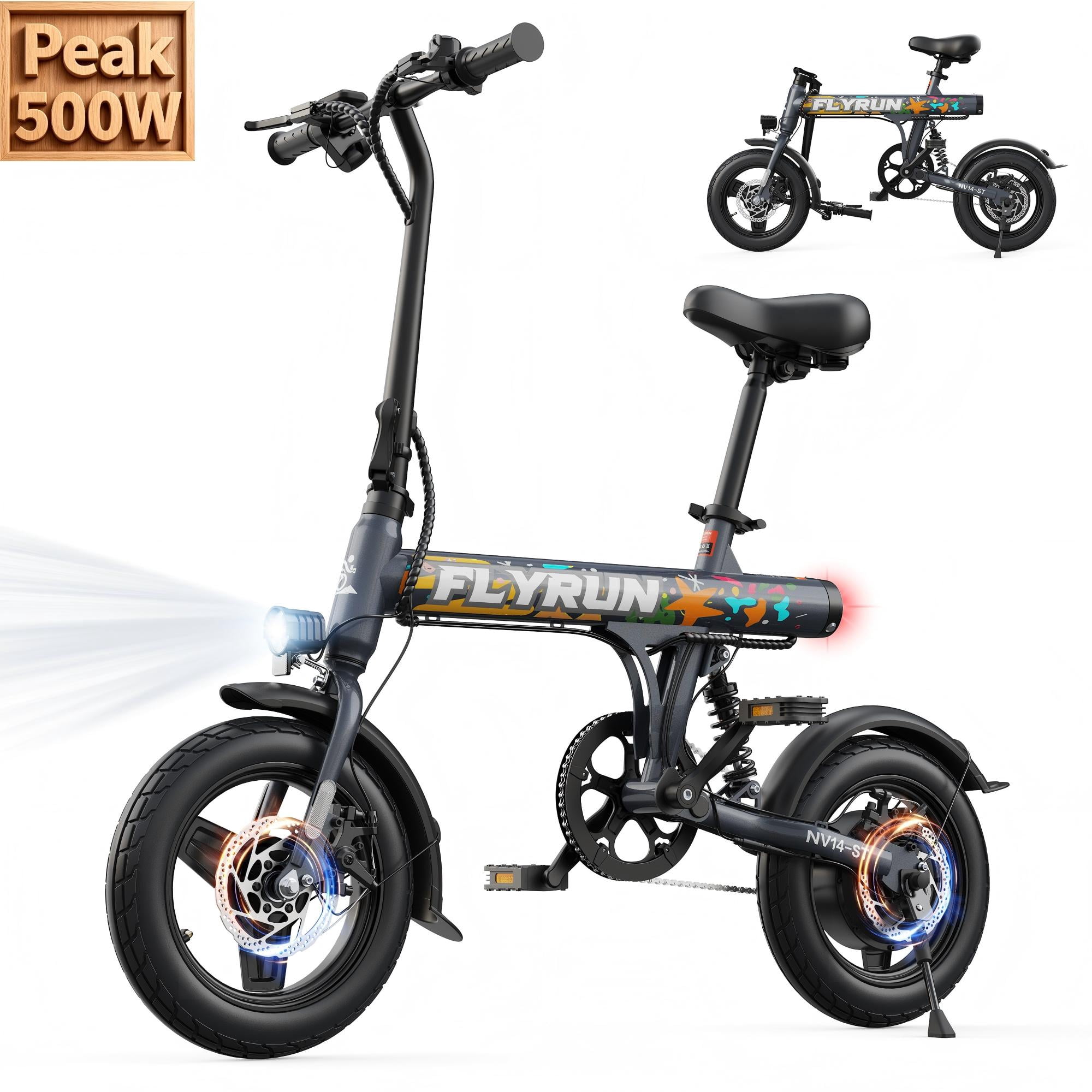 FLYRUN Electric Bike, 14" Folding E-bike for Adults, 500W Peak Motor, 36V 280.8Wh Battery, 20MPH City Commuter Ebike, LCD Display, UL2849