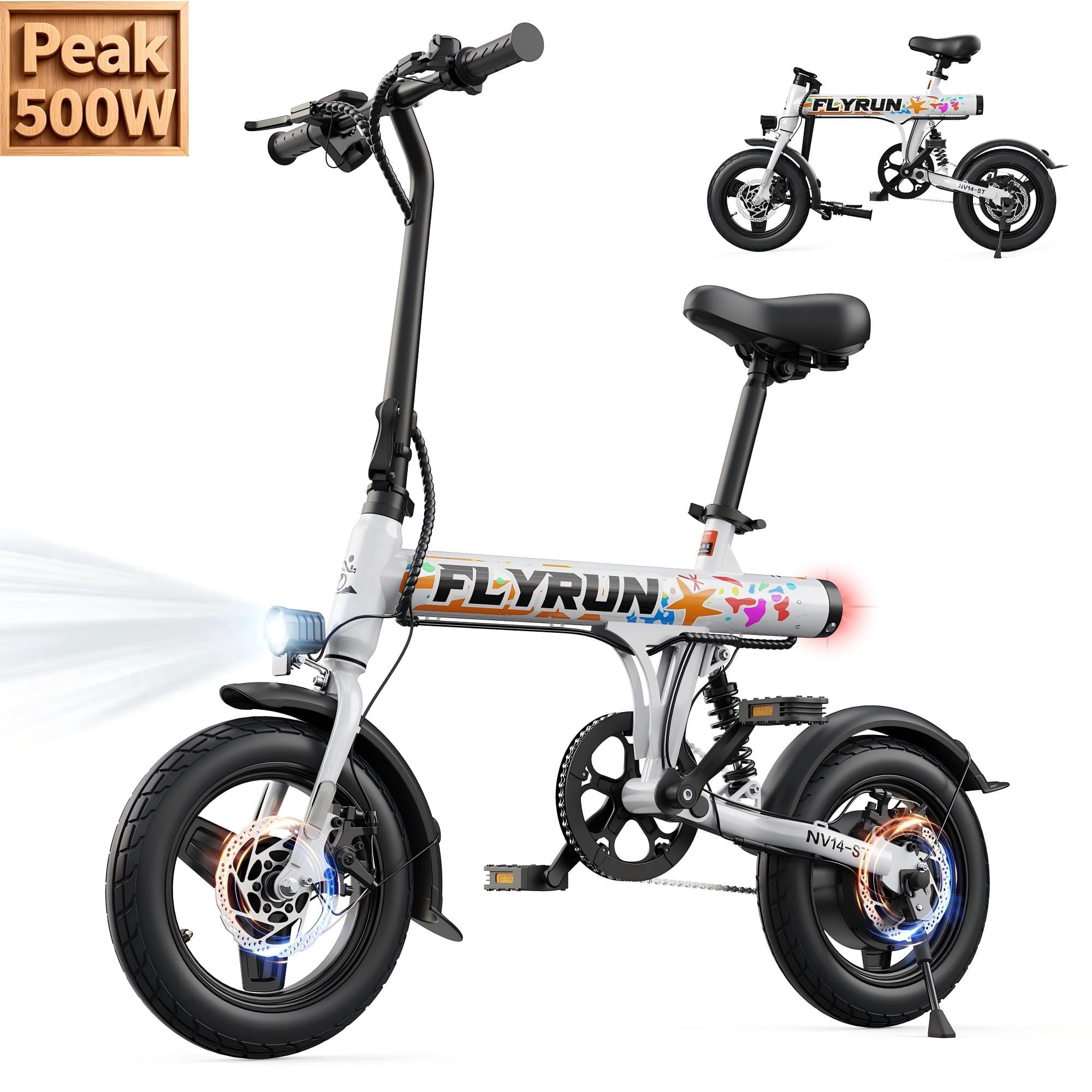 FLYRUN Electric Bike, 14" Folding Ebike for Adults, 500W Peak Motor, 36V 280.8Wh Battery, 20MPH City Commuter E-Bike, LCD Display, UL2849
