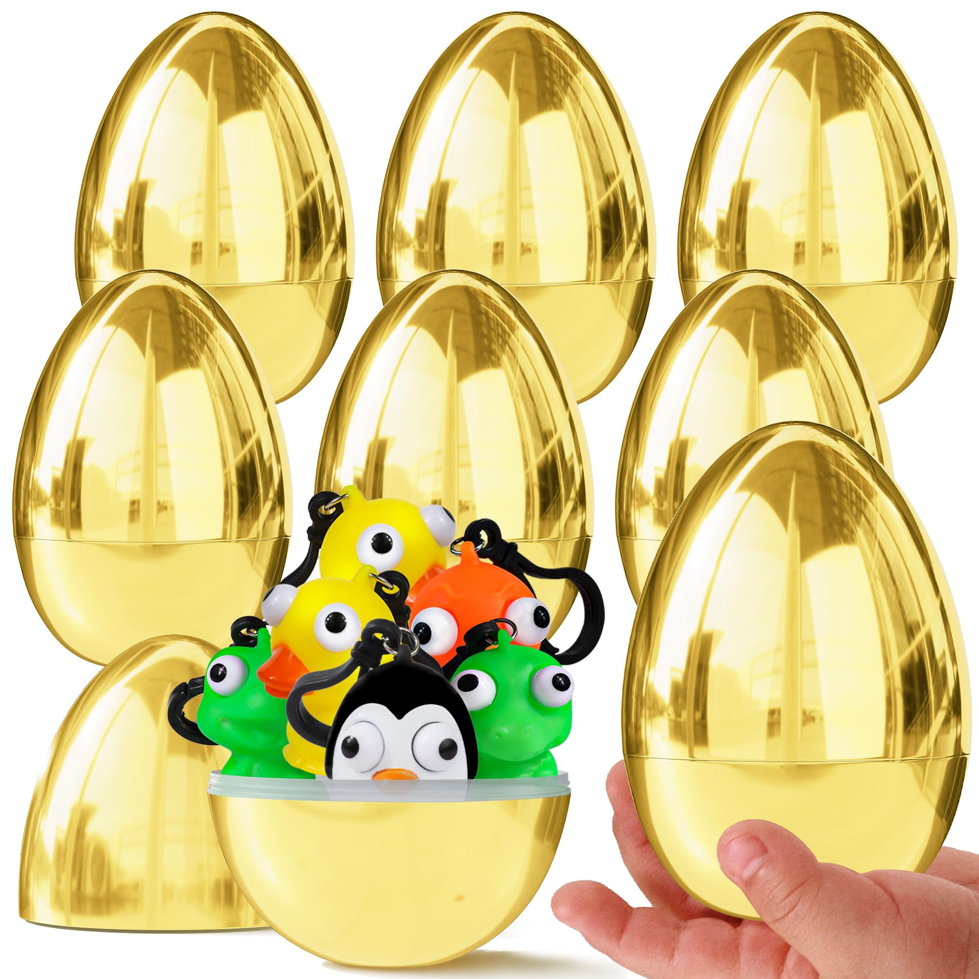 FLYSNK 6 Pcs Jumbo MMF7Golden Easter Eggs, 6 Metallic Giant Plastic Gold Eggs Fillable for Easter Hunt Party Favor Easter Basket Stuffers Fillers Filling Treats Classroom Prize Supplies for Kids