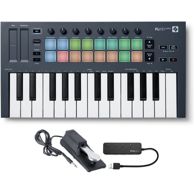 FLkey Mini 25Key MIDI Keyboard Controller for FL Studio Bundle with Sustain Pedal and 4Port