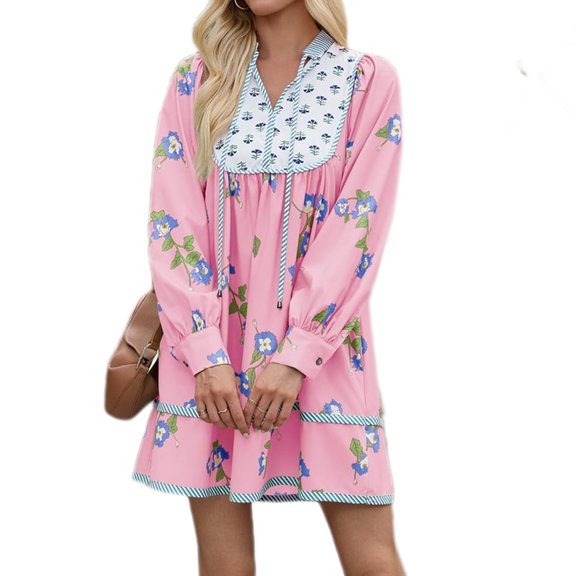 FLoral Printing Women Long Sleeve V-neck Loose Casual Dress