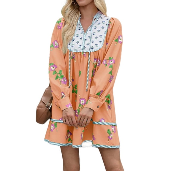 FLoral Printing Women Long Sleeve V-neck Loose Casual Dress