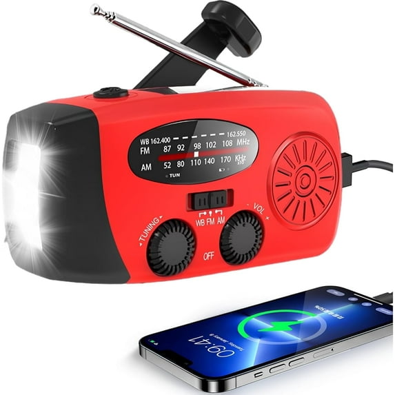 FM/AM/NOAA Weather Radio Hand Crank Self Powered Solar Portable Mini Emergency Survival Radios with 3 LED Super Bright Flashlight ,SOS
