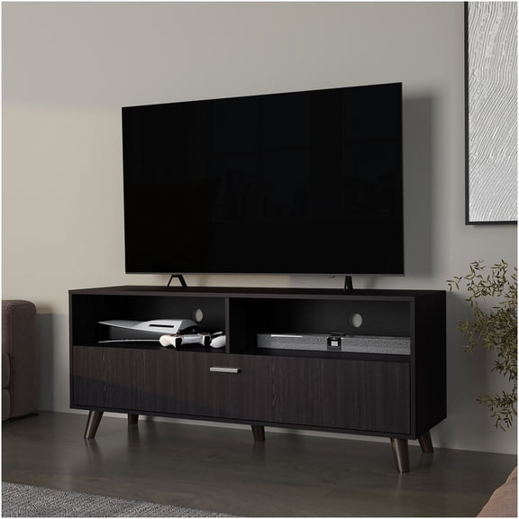 FM FURNITURE 60" Modern TV Stand with Storage Cabinet & Open Shelves, Wenge Finish