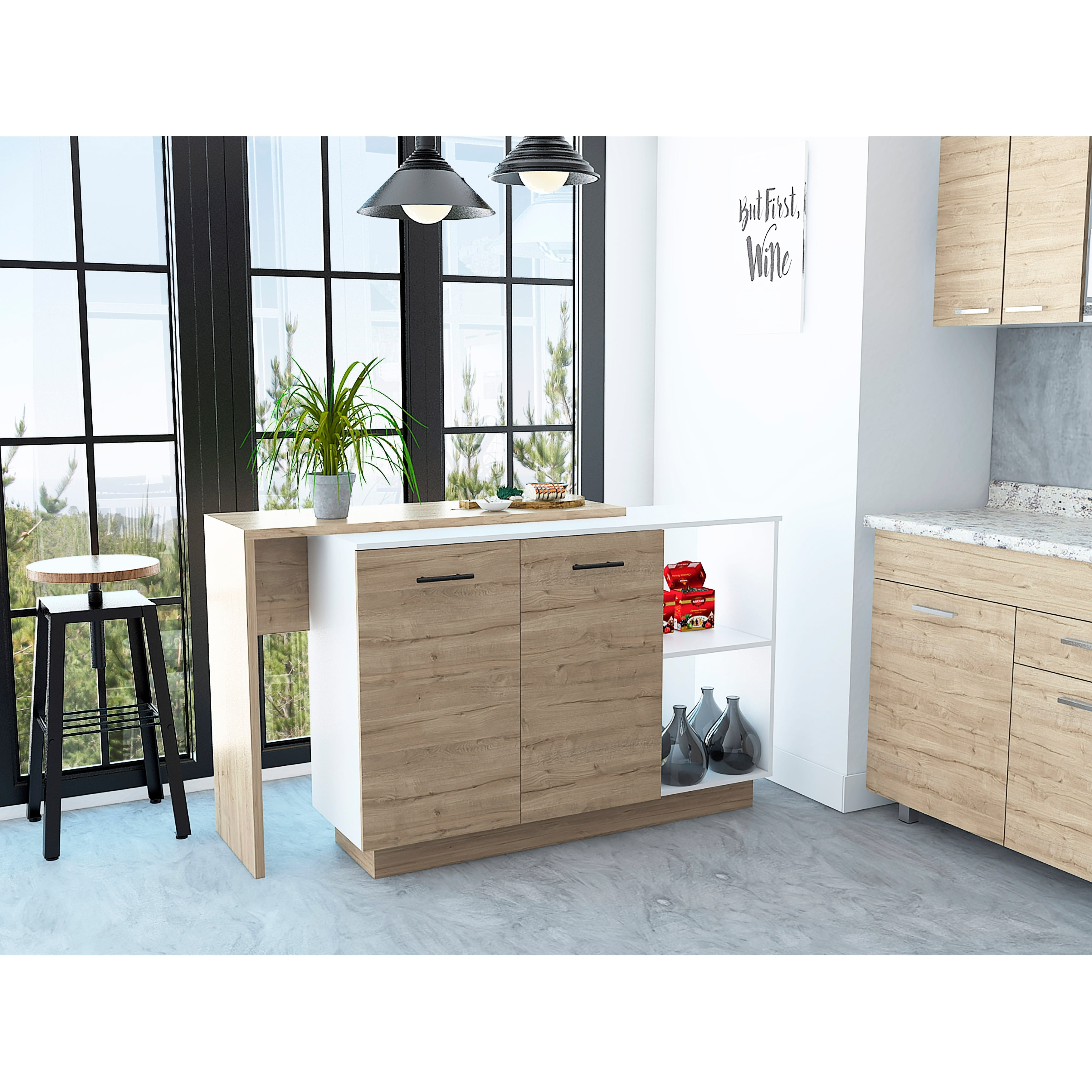 FM FURNITURE Aspen Kitchen Island, Two Concealed Shelves , Three