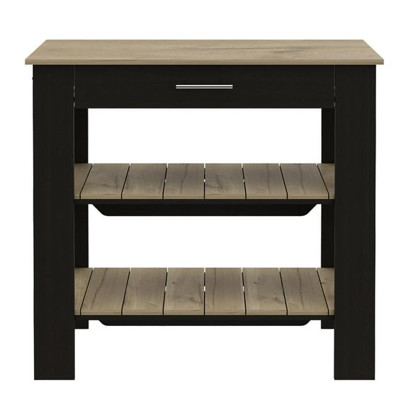 FM FURNITURE Brooklyn 2-Shelf Modern Engineered Wood Kitchen Island in Black/Oak