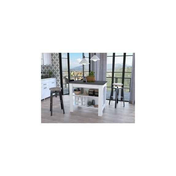 FM FURNITURE Brooklyn Kitchen Island White/Onyx Color Engineered Wood