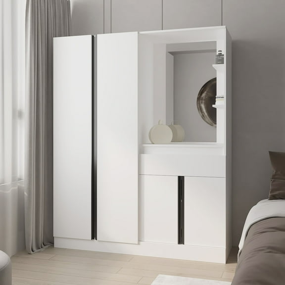 FM FURNITURE Cane Multi-Functional Wardrobe with Vanity Mirror & Storage - White