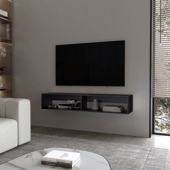 FM FURNITURE Central Floating media rack in melamine with two shelves. Wengue