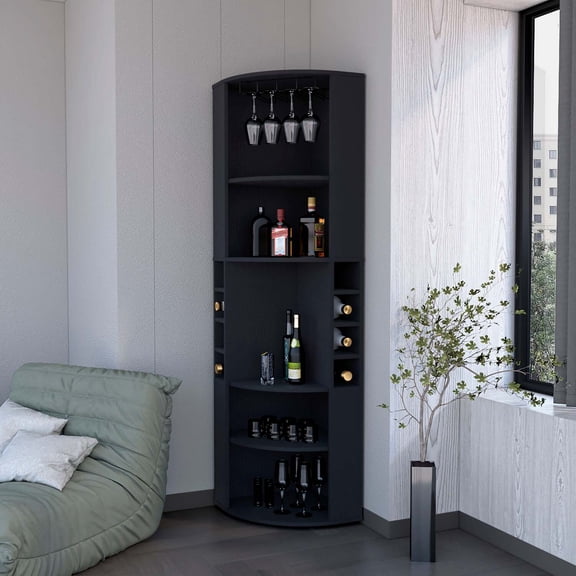 FM FURNITURE Clifton Corner Bar Cabinet, with 5 shelves, Cup Hanger and Eight Built-in Wine Rack
