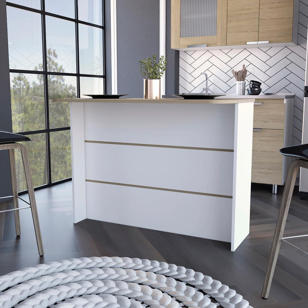 Crete White and Light Pine Kitchen Island with Shelves