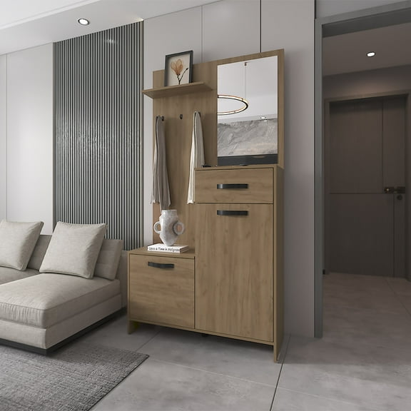 FM FURNITURE Elko Hall Tree Multistorage with a Mirror. Natural Oak