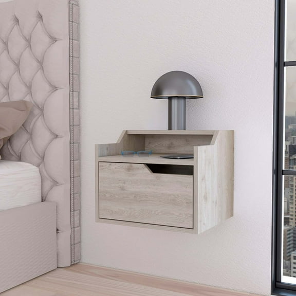 FM FURNITURE Florence Floating Nightstand with Drawer and Dual-Shelf Display