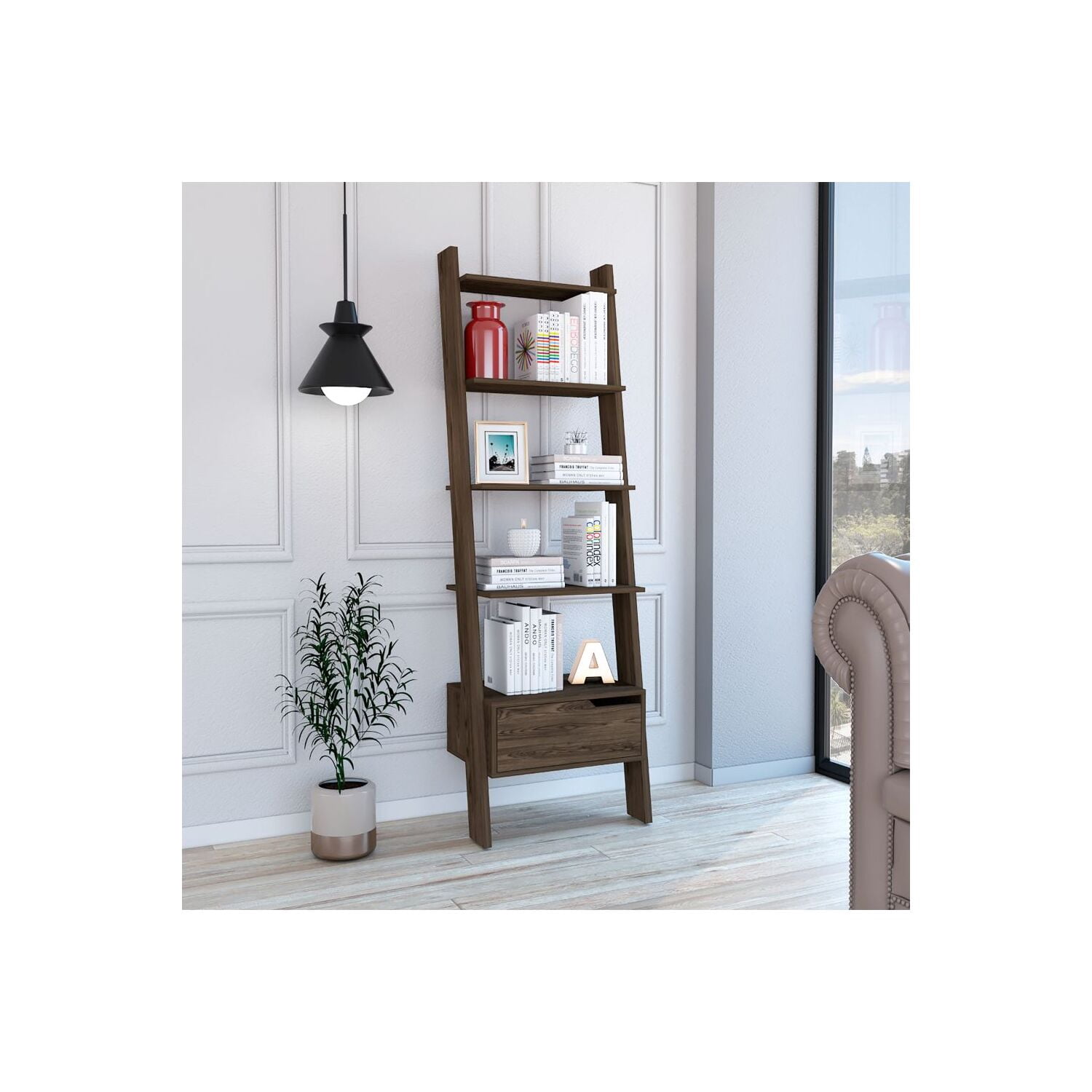 FM FURNITURE Hamburg Engineered Wood Ladder Bookcase in Dark Brown