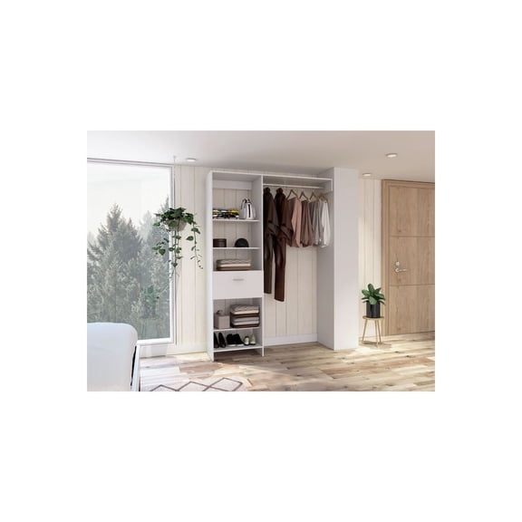 FM FURNITURE Hybrid Closet System, Five Open Shelves, One Drawer, Metal Rod