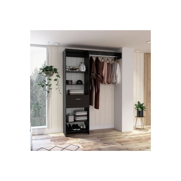 FM FURNITURE Hybrid Closet System, Five Open Shelves, One Drawer, Metal Rod