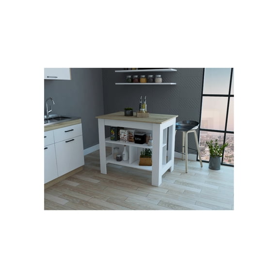 FMFURNITURE Brooklyn Kitchen Island with Open Storage Engineered Wood Light Oak