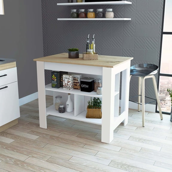 FM FURNITURE Brooklyn Kitchen Island, Three Concealed Shelves