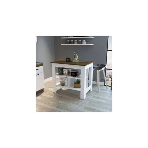 FM FURNITURE Brooklyn  Kitchen Island, Three Concealed Shelves