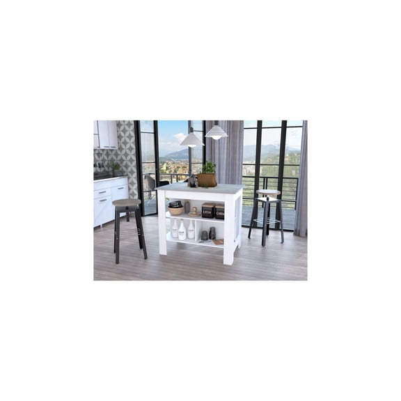 FM FURNITURE Brooklyn Kitchen Island White/Ibiza Marble Engineered Wood