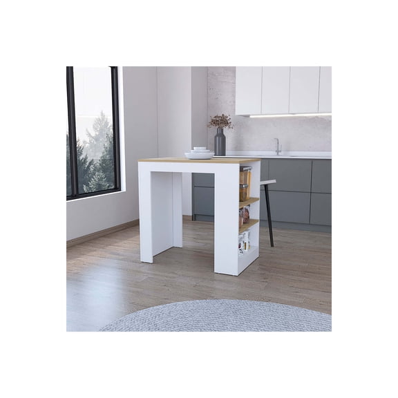 FM FURNITURE Harlan Kitchen Island, Counter Height Table Top with 3-Side Shelf