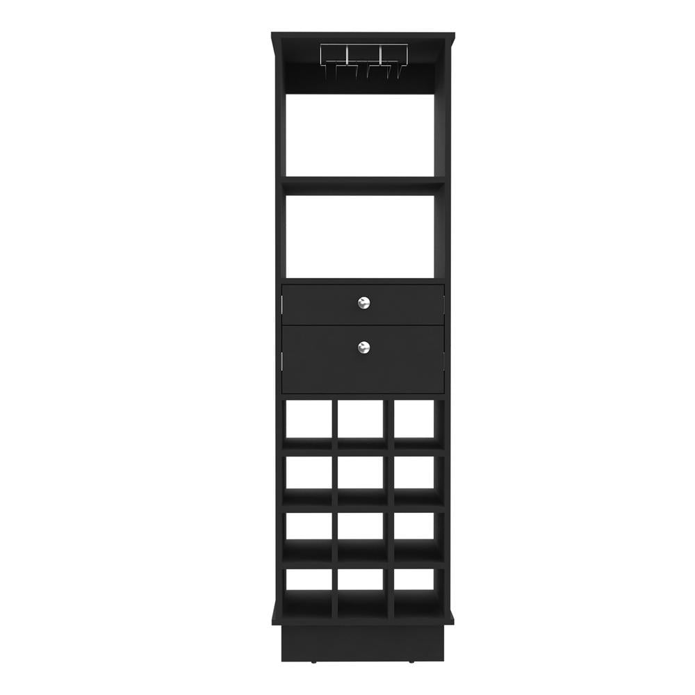 Classic Black Wood Hype Bar Cabinet with Wine Cubbies and Drawers