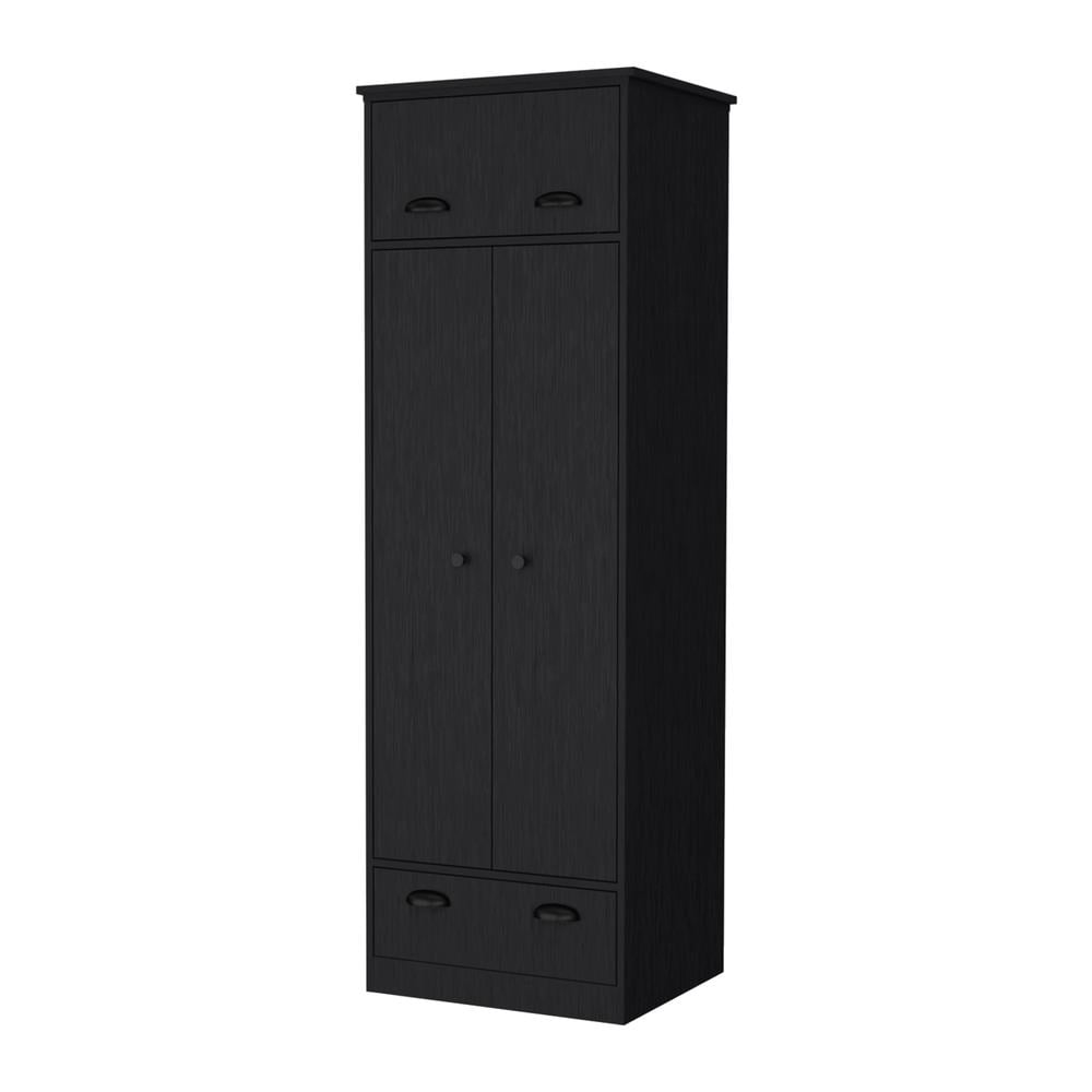Black Manufactured Wood Armoire with Hinged Drawer and Double Doors