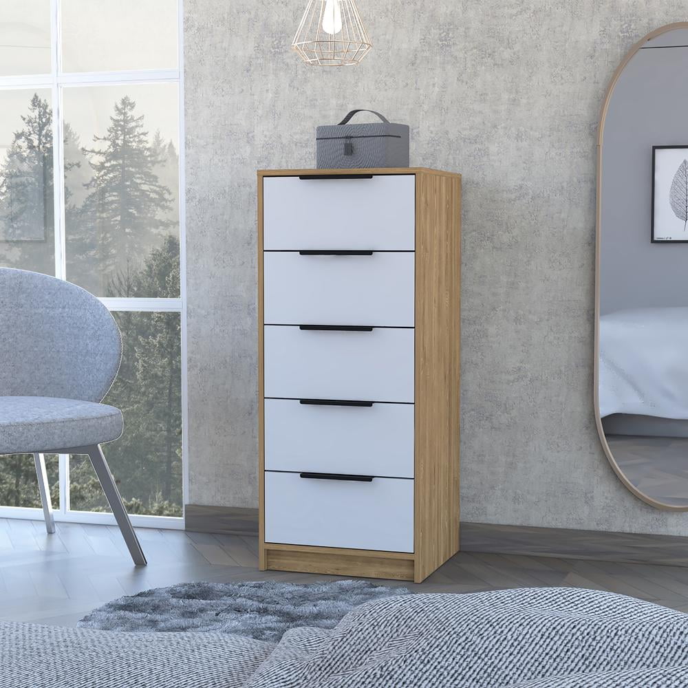 White and Light Oak 5-Drawer Tall Dresser