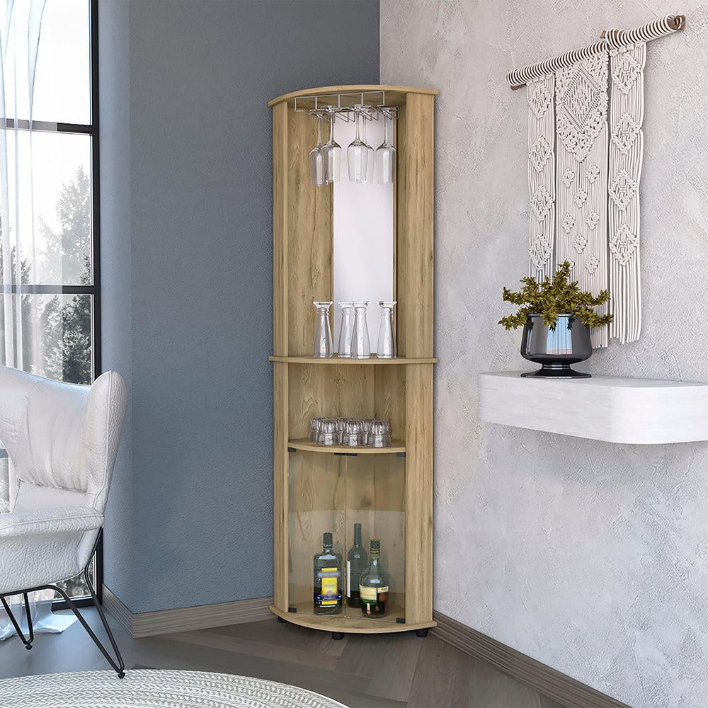 Macadamia Wood Corner Bar Cabinet with Glass Rack