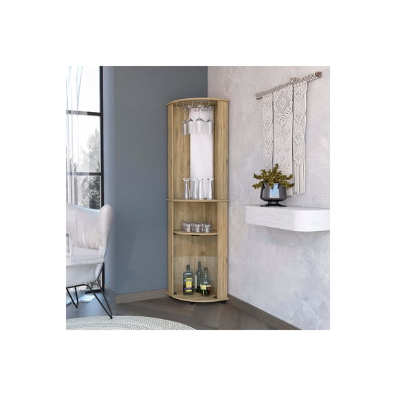FM FURNITURE Oregon Corner Bar Cabinet, 3-Tier Shelf with Glass Rack