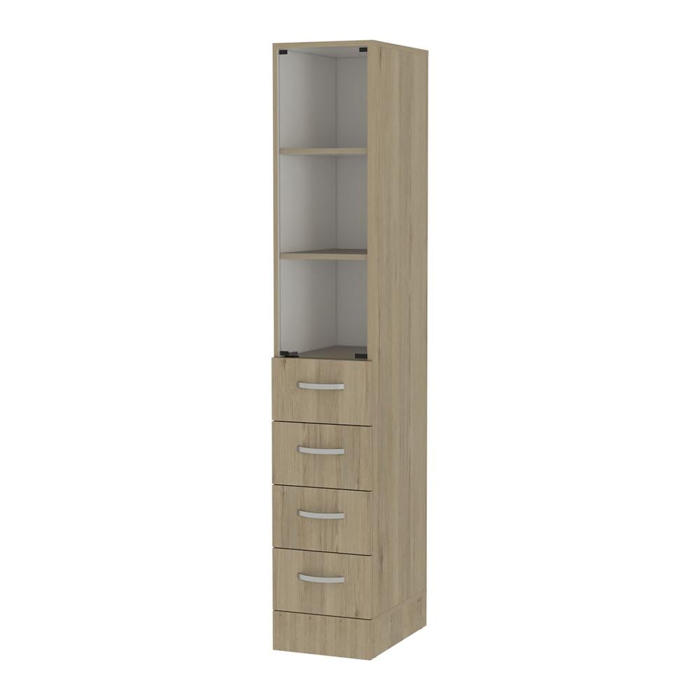 Transitional White and Light Pine Linen Storage Cabinet